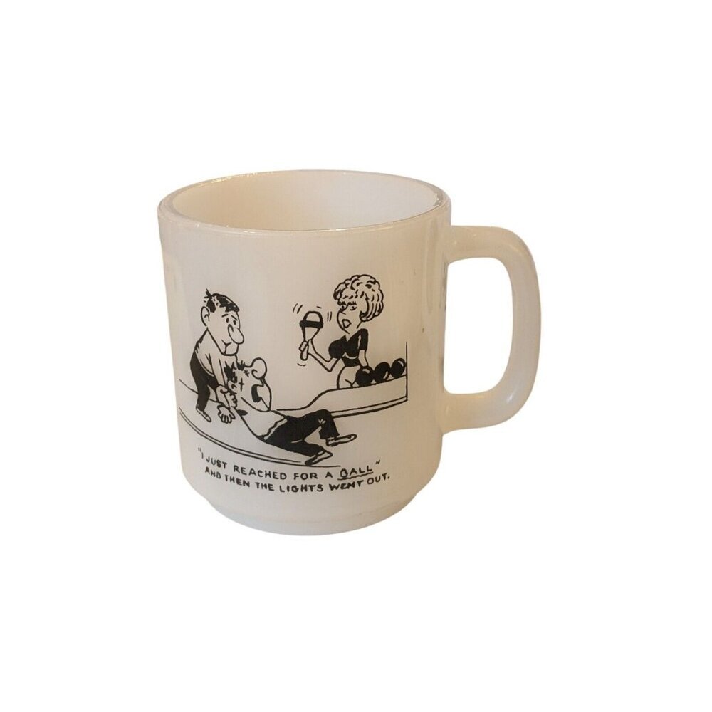Vintage Glasbake White Glass Mug Comical Bowling Cartoon Comic Funny Novelty